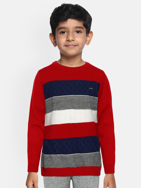 

Allen Solly Junior Boys Red & Navy Blue Colourblocked Pullover Sweater