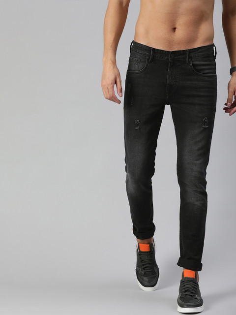 

HERE&NOW Men Black Slim Fit Mid-Rise Low Distress Stretchable Jeans