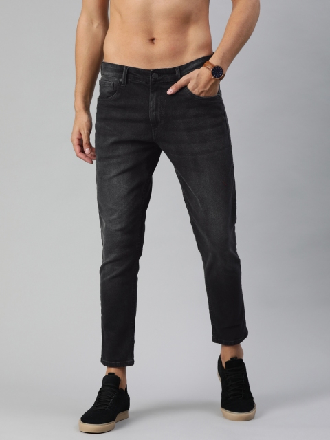 Men Black Slim Tapered Fit Mid-Rise Clean Look Stretchable Cropped Jeans