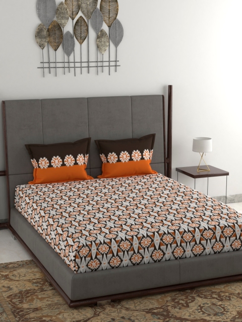 

Trident Orange & Grey Floral 120 TC Cotton 1 Queen Bedsheet with 2 Pillow Covers
