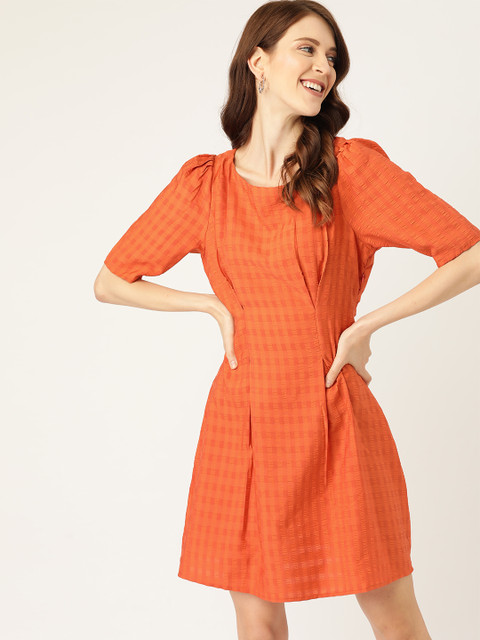 

DressBerry Women Rust Orange Seersucker Self Checked A-Line Dress