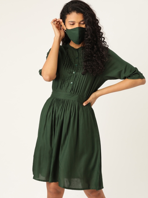 

DressBerry Women Green Sustainable Pintuck Solid A-Line Dress