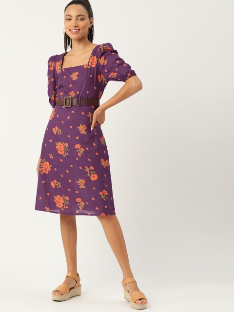 

DressBerry Women Purple & Orange Floral Print A-Line Dress