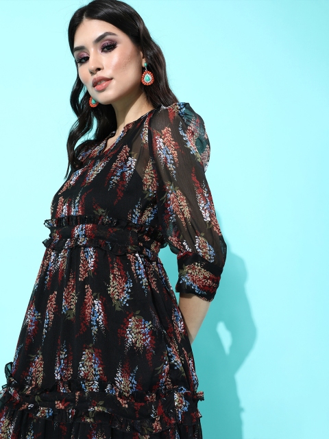 

DressBerry Women Black & Red Printed Semi-Sheer Tiered Maxi Dress