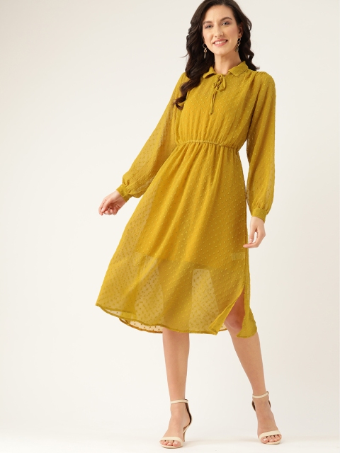 

DressBerry Women Mustard Yellow Self Design Dobby Weave A-Line Dress