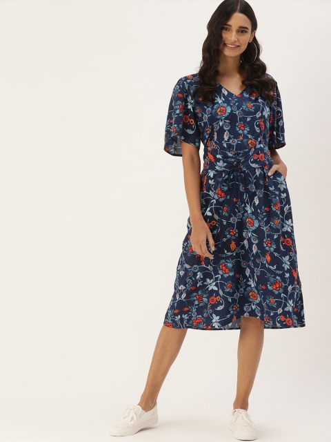 

DressBerry Women Blue & Orange Floral Print A-Line Dress