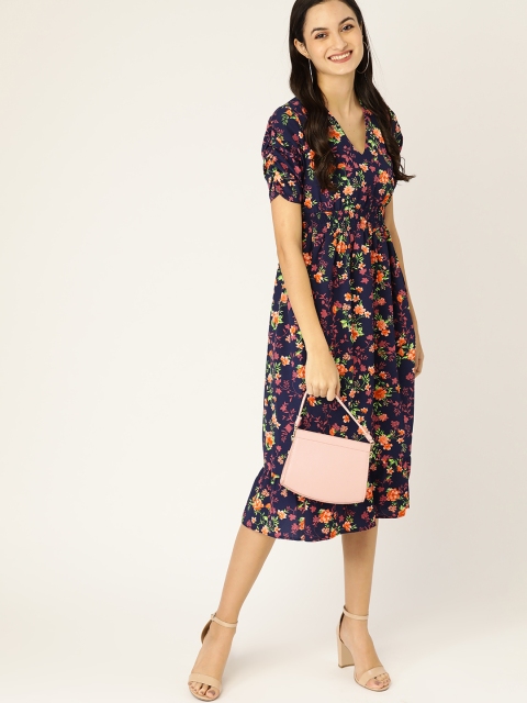 

DressBerry Women Navy Blue & Pink Floral Printed Fit and Flare Dress