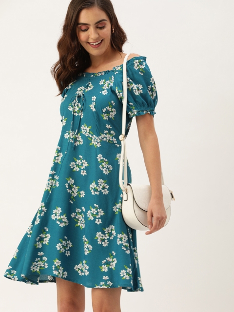 

DressBerry Women Teal Blue & White Ecovero Floral Print A-line Dress