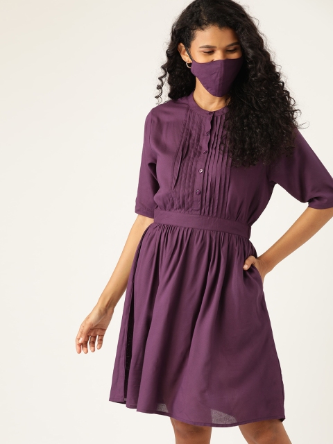 

DressBerry Women Aubergine Sustainable Pintuck Solid A-Line Dress, Purple
