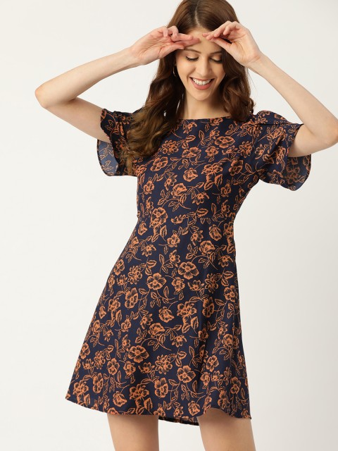 

DressBerry Women Navy Blue & Rust Brown Printed A-Line Dress