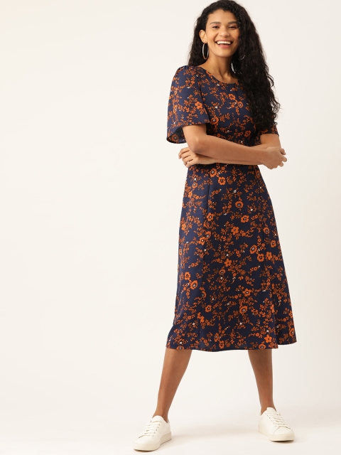 

DressBerry Women Navy Blue & Rust Orange Floral Print A-Line Dress