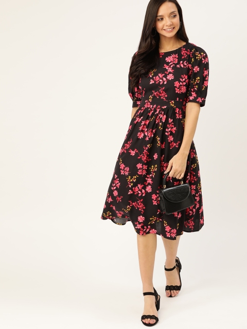 

DressBerry Women Black & Pink Floral Printed A-Line Dress