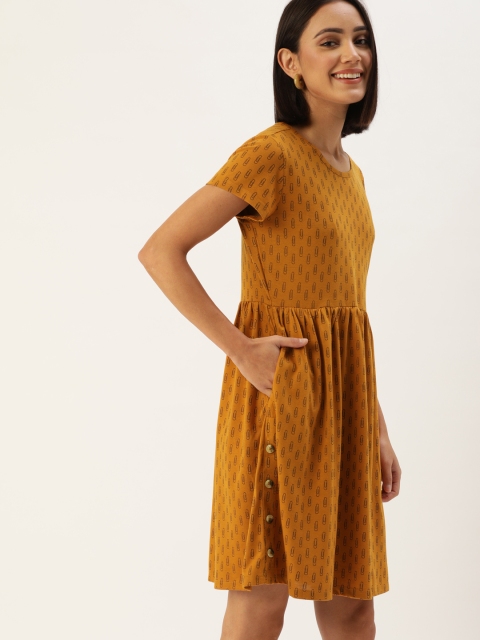 

DressBerry Women Mustard Yellow & Black Paper Clip Print A-Line Dress