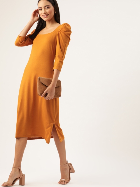 

DressBerry Women Mustard Yellow Ruched Sleeves Solid A-Line Dress