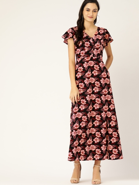 

DressBerry Women Black & Pink Floral Printed Front Slit Maxi Dress
