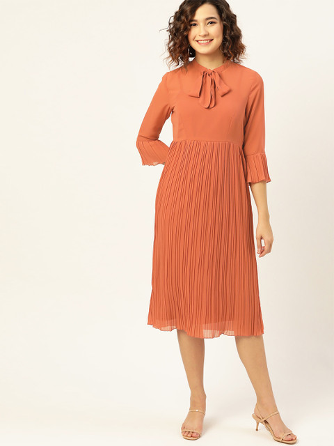 

DressBerry Women Rust Orange Accordion Pleats Solid A-Line Dress