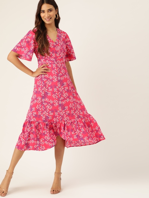 

DressBerry Women Pink & White Floral Print Midi Wrap Dress