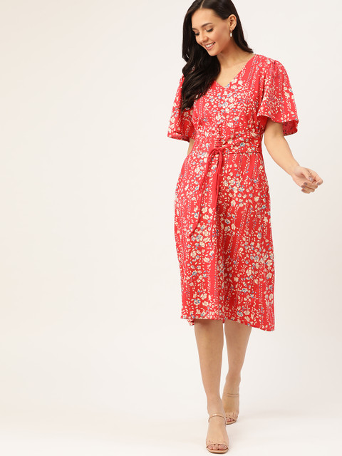 

DressBerry Women Red & Beige Floral Print Sustainable A-Line Dress