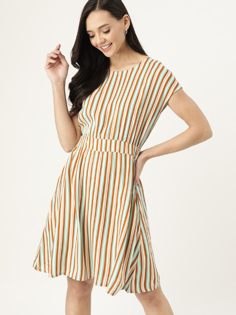 

DressBerry Women Green & Brown Eco Responsible Viscose Striped A-Line Dress