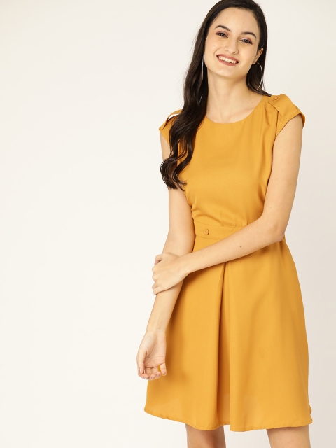 

DressBerry Women Mustard Yellow Pleated Solid A-Line Dress