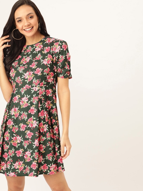 

DressBerry Women Green & Pink Floral Print A-Line Dress