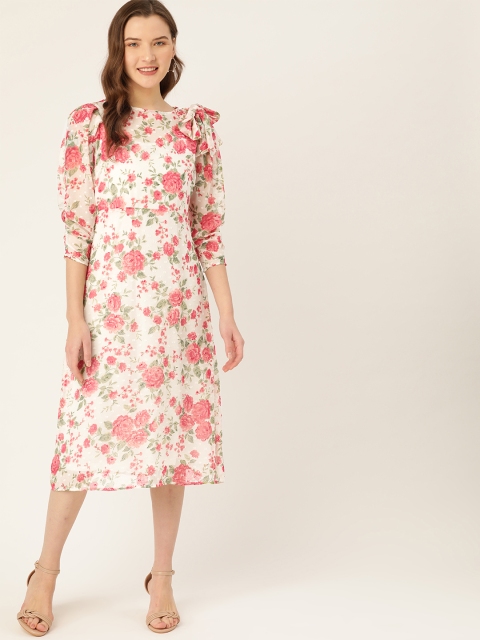 

DressBerry Women Off-White & Pink Floral Print A-Line Dress