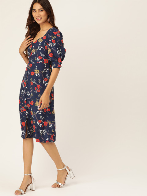

DressBerry Women Navy Blue & Red Floral Print A-Line Dress