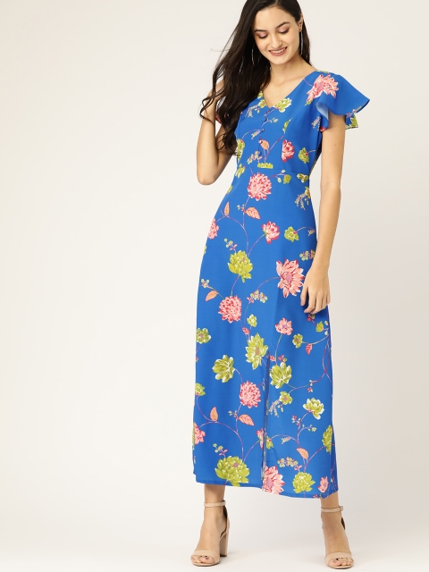 

DressBerry Women Blue & Pink Floral Printed Front Slit Maxi Dress