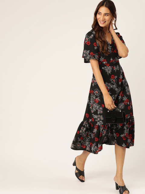 

DressBerry Women Black & White Floral Print Midi Wrap Dress
