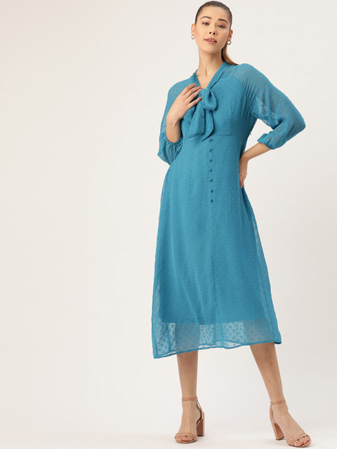 

DressBerry Women Blue Dobby Self Design A-Line Dress