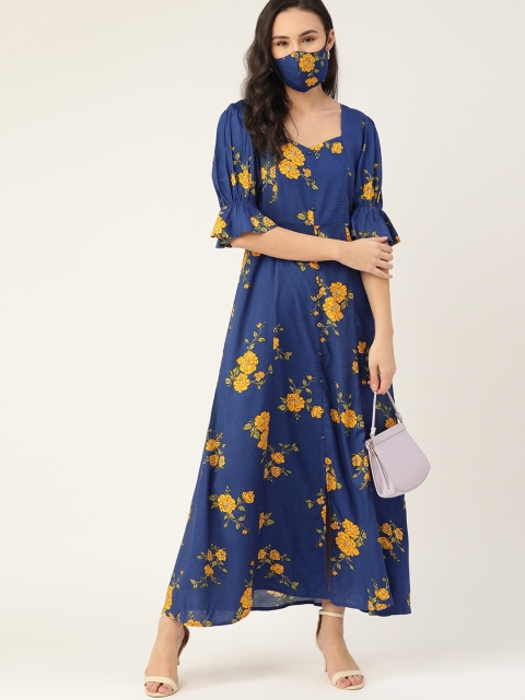 

DressBerry Women Navy Blue Yellow Floral Print Maxi Dress
