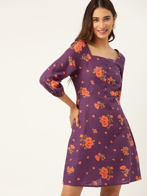 

DressBerry Women Purple & Orange Floral Print A-Line Dress