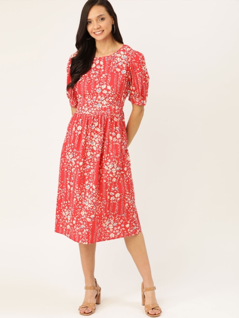 

DressBerry Women Red & Cream-Coloured Floral Print Sustainable A-Line Dress