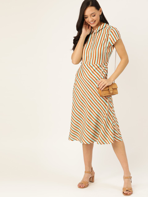 

DressBerry Women White & Brown ECO VERO Sustainable Striped Shirt Dress
