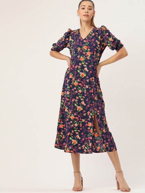 

DressBerry Women Navy Blue & Peach-Coloured Floral Print A-Line Dress