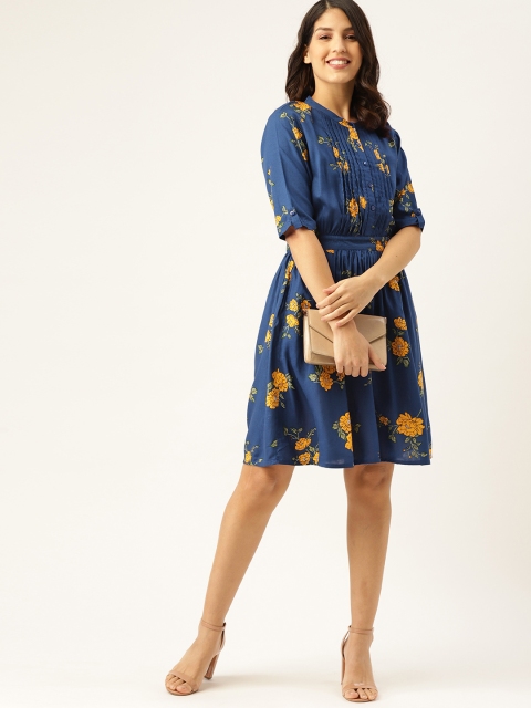 

DressBerry Women Navy Blue & Yellow Floral Print A-Line Dress