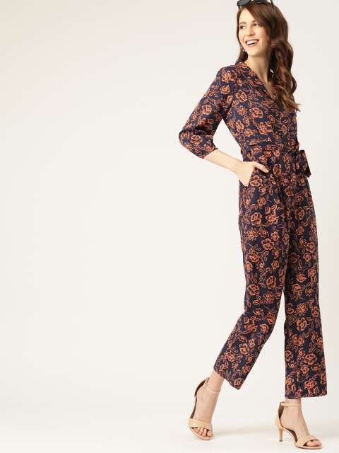

DressBerry Women Navy Blue & Peach-Coloured Floral Print Cropped Basic Jumpsuit