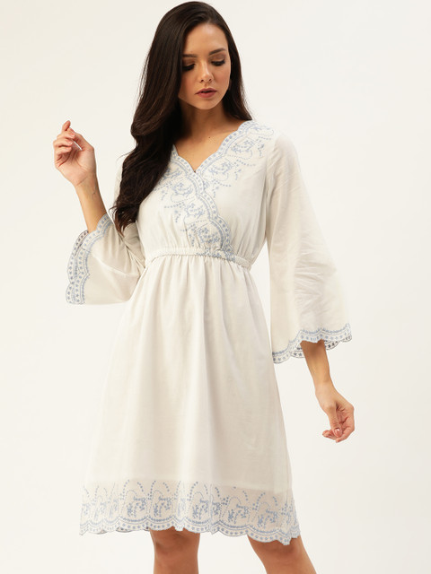 

Moda Rapido Women White & Blue Embroidered Detail Wrap Dress