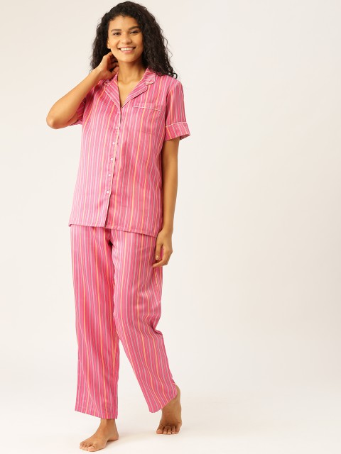 

DressBerry Women Pink & Green Striped Satin Nightsuit