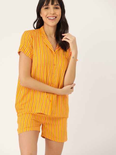 

DressBerry Women Mustard Yellow & Orange Striped Night suit