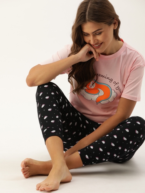 

DressBerry Women Pink & Navy Blue Printed Night suit