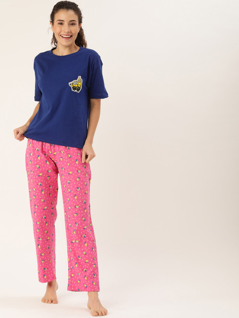 

Minions by Dressberry Women Navy Blue & Pink Printed Night suit