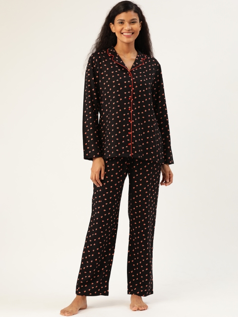 

DressBerry Women Black & Red Heart Print Night Suit