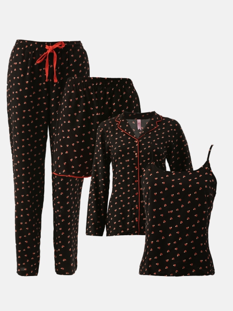 

DressBerry Women Pack of 2 Black & Coral Pink Printed Night Suit