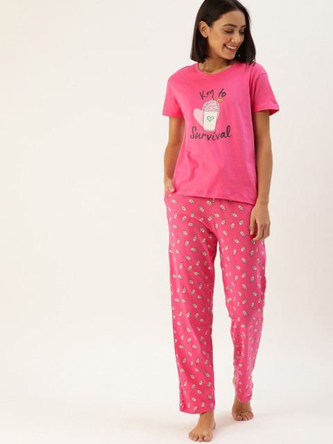 

DressBerry Women Pink & Cream-Coloured Conversational Print Pure Cotton Night suit