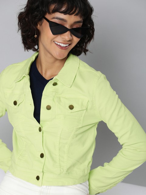 

HERE&NOW Women Fluorescent Green Solid Denim Jacket