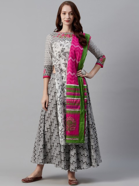 

Biba Women Off-White & Black Pure Cotton Printed High Slit Kurta with Palazzos & Dupatta