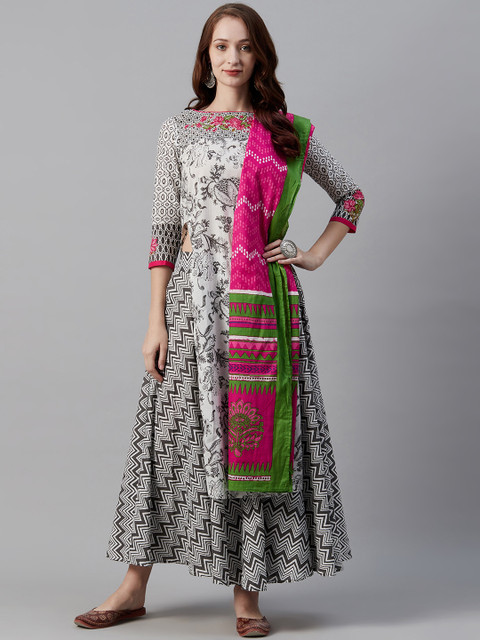 

Biba Women White & Black Printed High Slit Kurta with Palazzos & Dupatta