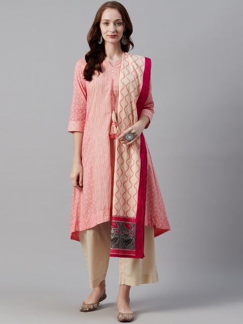 

Biba Women Peach-Coloured & Beige Printed Kurta with Palazzos & Dupatta