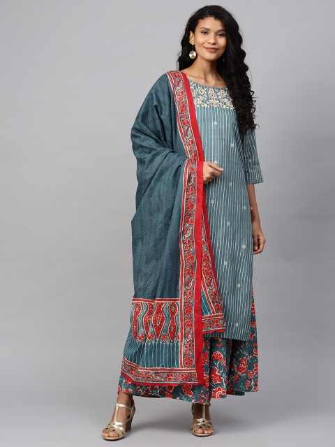 

Biba Women Blue & Off-White Striped Kurta with Palazzos & Dupatta